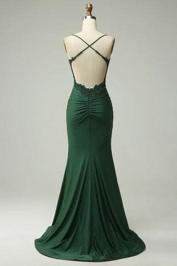 Mermaid Halter Dark Green Long Ball Dress with Appliques Beading